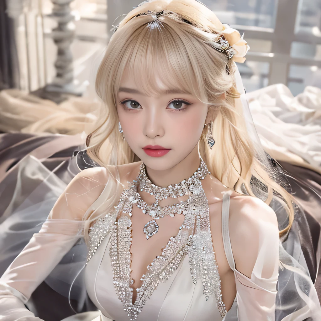 8k)、(best image quality:1.5)、gray background、close up of face、1girl、masterpiece、delicate and sharp eyes、brown eyes、eye power、delicate face、cup、attractive face、platinum blonde hair、Semi-long wave、Wedding dress、白いWedding dress、I can see the collarbone、gal、Emphasis on the clavicle、earrings、necklace、