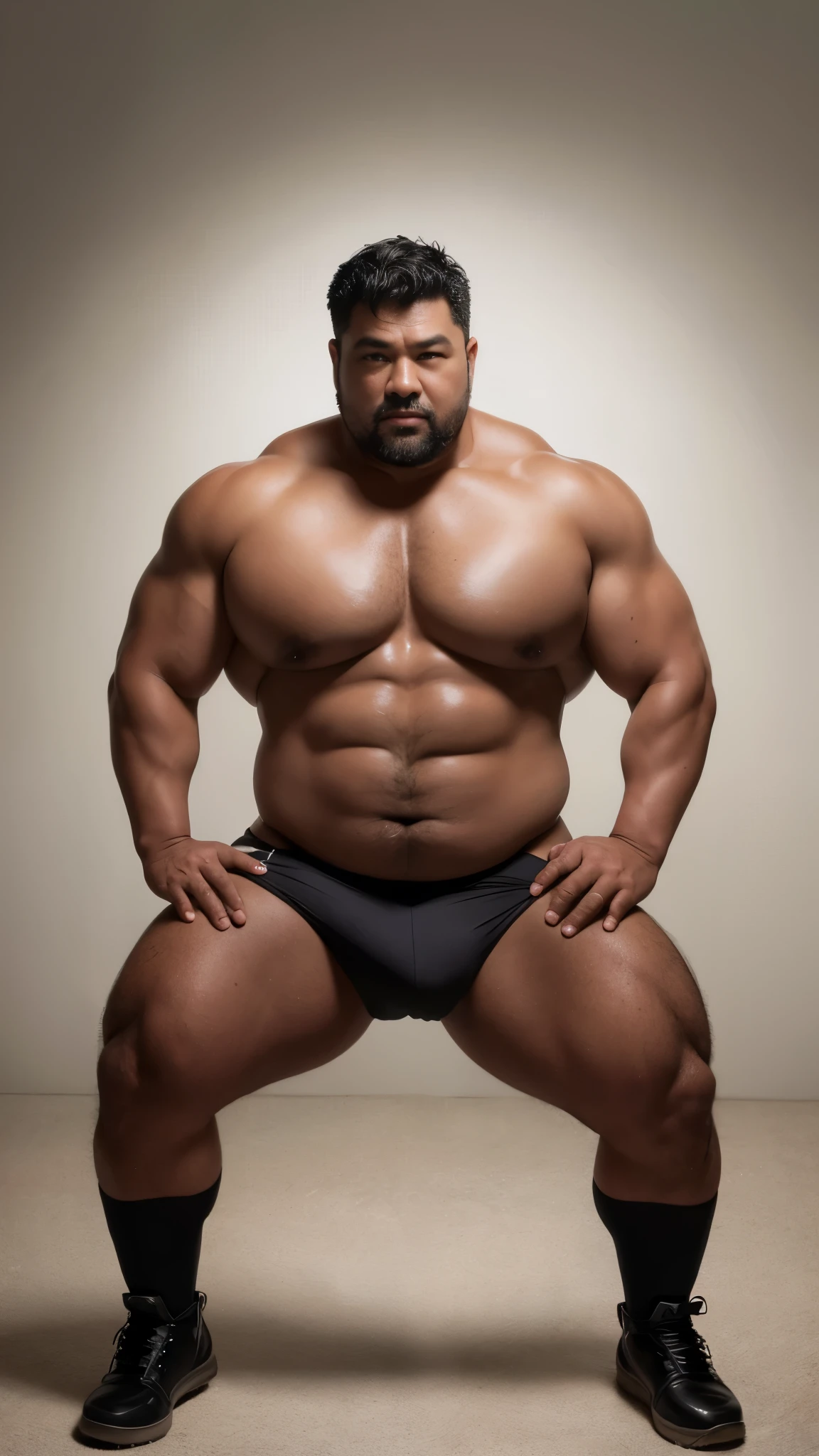 black hair, middle-aged man, individual, male, Muscular wrestler, muscular, Stout wrestler, Asian, Japanese, uncle, 55 year old middle-aged man, short hair, short hair, white wrestling boots, full body portrait, shadow, Vision, white briefs, obesity, 45 years old, short beard, middle-aged man, tattoo, fingerless gloves, Wheat skin, shiny skin, dark skin, Show your pectoral muscles, sumo wrestler, bodybuilder, wide temples, Visible abdominal muscles, Smile, Fine hands, solid color background, pure white background, Surrealism, Panorama, 8k, super detail，