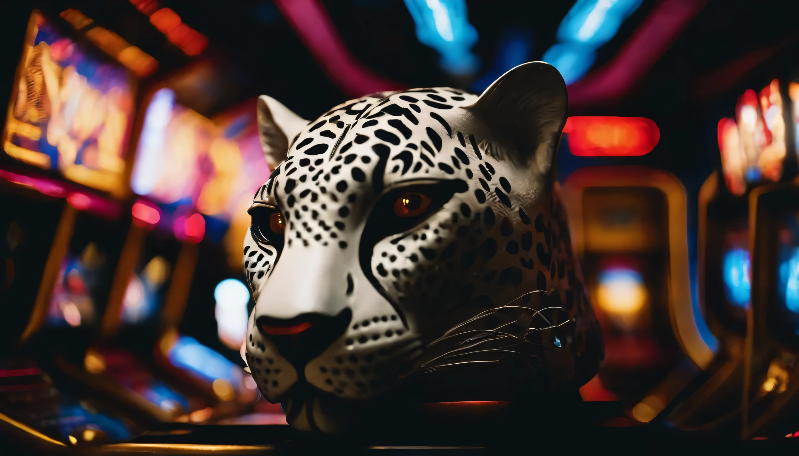 boy white jaguar mask (29 old) playing at an arcade machine, (Play tekken) cinematic film shot in 70mm, depth of field, vivid colors, (best quality,ultra-detalhado,Realistic:1.37), (8k, ARTISTIC photography, best quality, masterpiece: 1.2), (realistic, photorealistic: 1.37), over-detailed, (high-detail skin: 1.2), 8k UHD, SLR camera, soft lighting, high quality, film grain, cinematic lighting, photonic display, brightness, physically rendered photo, (dynamic pose ), extremely high-quality graphics, over-detailed face, (((cinematic lighting))), ((clear details)), 3d graffiti, abstract background, lines, background circles, (Black light art:1.4)
