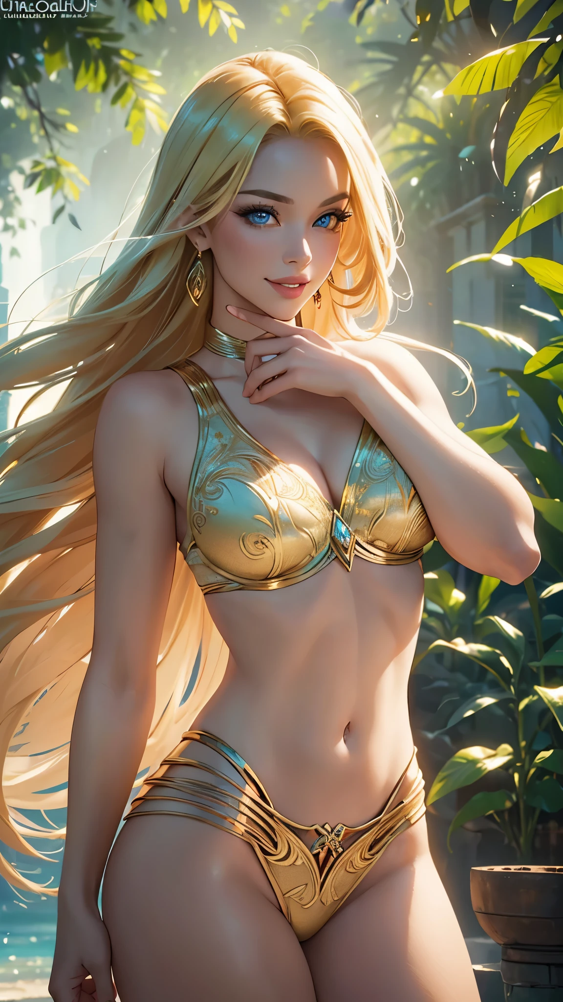 (best quality,ultra-detailed,photo-realistic:1.37),bright and vibrant colors,studio lighting,playful expression,stylish makeup,long blonde hair flowing in the wind,alluring eyes,glossy lips,sexy pose, Amazons, themyscira, smiling in a confident and seductive way,posing for a professional photoshoot,shallow depth of field,highlighting the main subject,soft natural lighting,creating a dreamy and magical atmosphere.