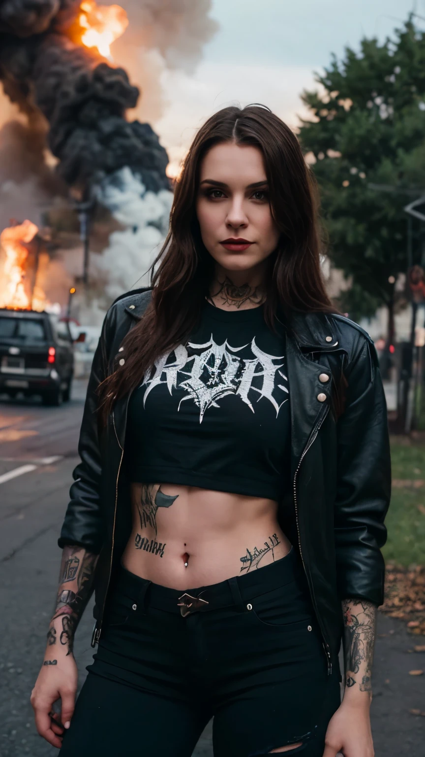 Best Quality,Masterpiece,Ultra High Resolution,(Realisticity:1.4),Original Photo,Cinematic Lighting, 1girl, solo, Metalhead Style girl in front of a christian church on fire at night, tattooed, wearing ripped black pants, black t-shirt, fit body, heavy metal style, photography, wojtek fus, heavy metal art style, angry gorgeous goddess, female vampire warrior, heavy metal concert. realistic, datailed, detailed face, 4K.