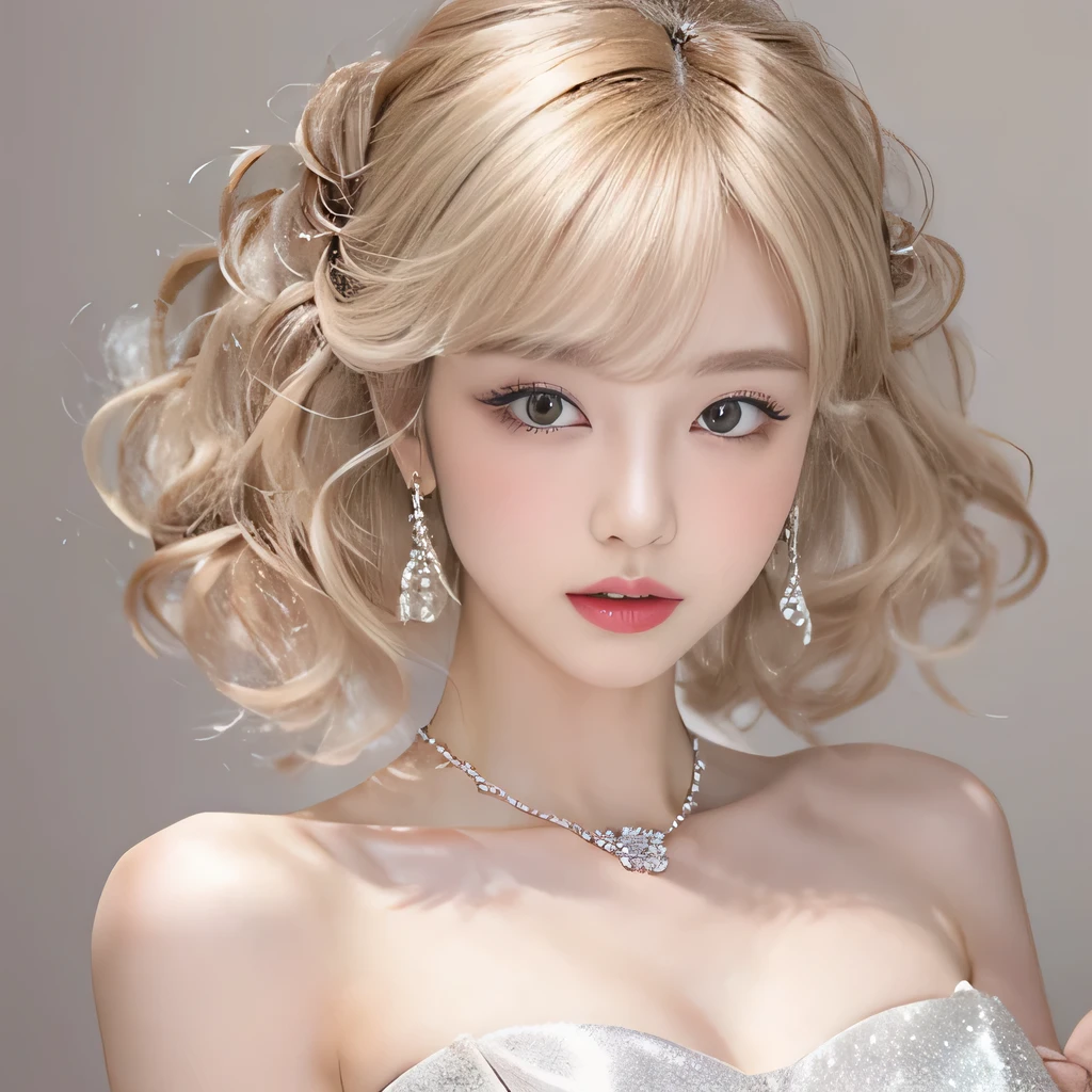 8k）、（best image quality:1.5）、gray background、close up of face、１girl、masterpiece、delicate and sharp eyes、brown eyes、eye power、delicate face、cup、attractive face、platinum blonde hair、Semi-long wave、Wedding dress、白いWedding dress、I can see the collarbone、gal、Emphasis on the clavicle、earrings、necklace、