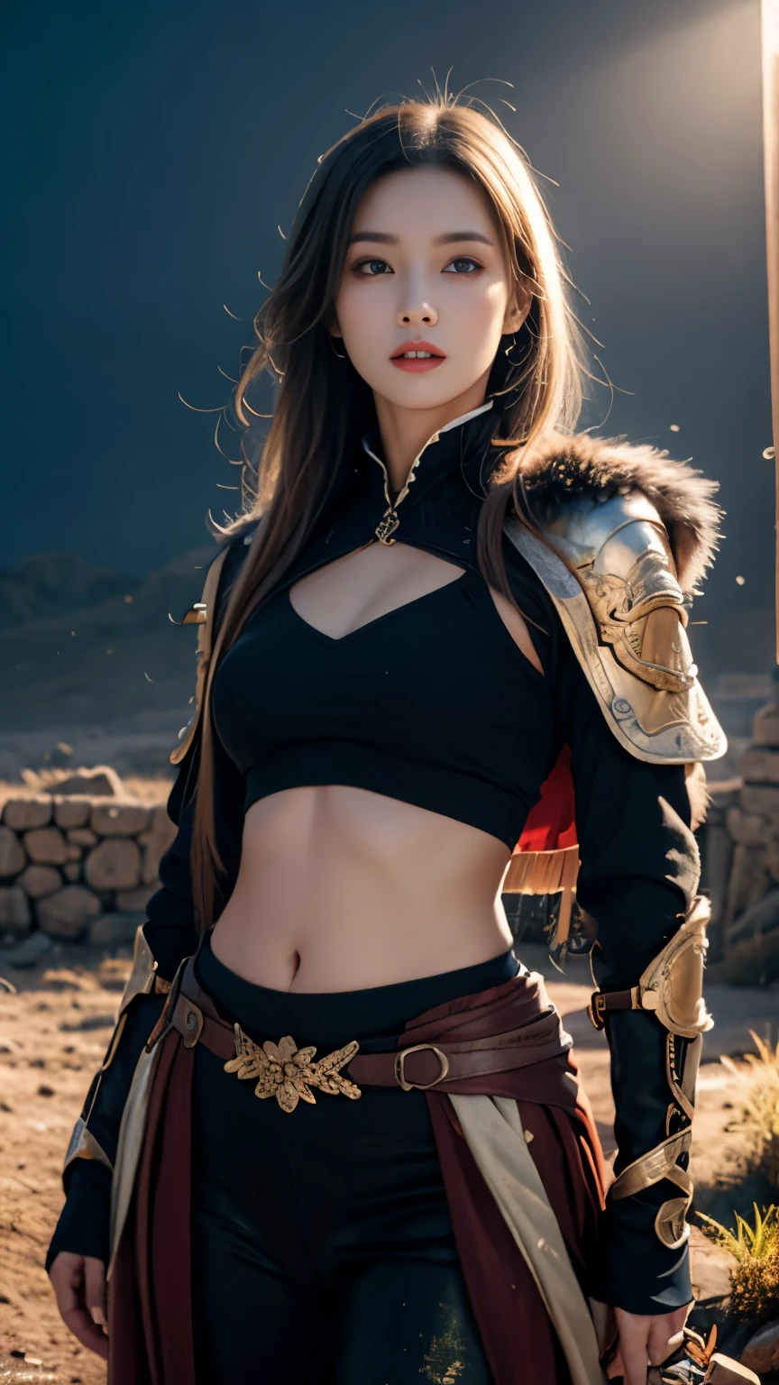 realistic, master part, realistic, High resolution, soft light, hip up, 17th century black wears fur - Japanese tight armor, stand on a desolate battlefield, torn clothes, stained with red ink, night, Starry Storm, rain, mistborn, creepy lighting, Very long blonde hair, blue eyes