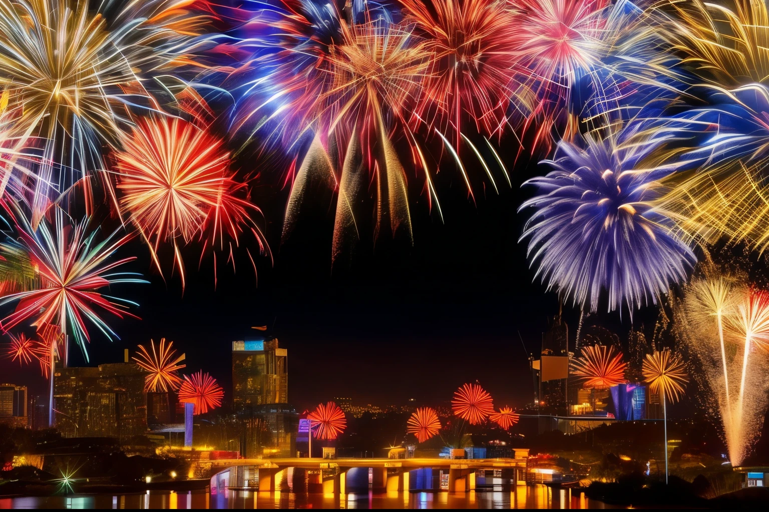fireworkss are lit up over a river and bridge in the night, fireworkss in background, fireworkss in the background, [ fireworkss in the sky ]!!, fireworks, lunar New Year&#39;Chinese Valentine&#39;s Day, fireworkss, blinds, fireworks, fireworkss on the background, celebrate, fourth of july, fireworks smoke trails, Alexander Fedosav, amazing background, Stunning visual effects, beautiful!!!