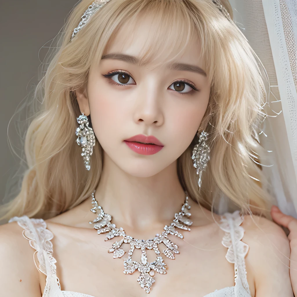8k)、(best image quality:1.5)、gray background、close up of face、1girl、masterpiece、delicate and sharp eyes、brown eyes、eye power、delicate face、cup、attractive face、platinum blonde hair、Semi-long wave、Wedding dress、白いWedding dress、I can see the collarbone、gal、Emphasis on the clavicle、earrings、necklace、