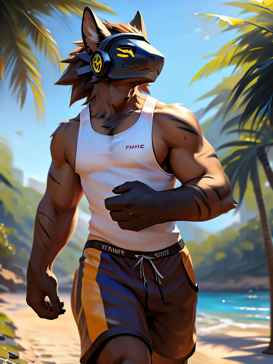 posted on e621, (by Chunie), Protogen,solo,masculine,Dark Yellow fur with Black stripes on the tips, Muscular, Slim body, full body like, beach, wearing tank top, wearing jogger sweatpants, Abstract beauty, ultra detailed face, depth of field, motion blur, high details, high quality, award winning, HD, 16k, (best quality,4k,8k,highres,masterpiece:1.2),ultra-detailed,realistic:1.37,HDR,UHD,studio lighting,extreme detail description,professional,vivid colors,bokeh,lively atmosphere, natural lighting