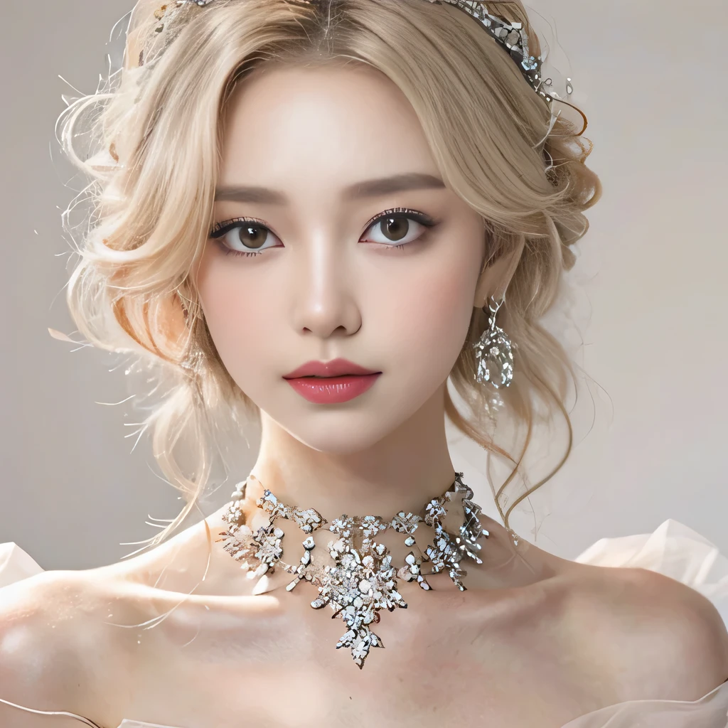 8k)、(best image quality:1.5)、gray background、close up of face、1girl、masterpiece、delicate and sharp eyes、brown eyes、eye power、delicate face、cup、attractive face、platinum blonde hair、Semi-long wave、Wedding dress、白いWedding dress、I can see the collarbone、gal、Emphasis on the clavicle、earrings、necklace、