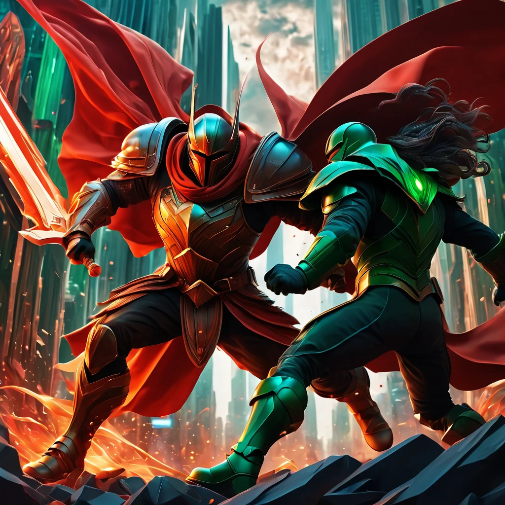 (best quality, highres, ultra sharp), Final Showdown between a heroic warrior and a heroic villain in a intense action, atmospheric perspective in a city inside a infinite battle,, epic action, dark tones of red, brown, orange, green and gray colors, art deco, 3d crunch,
