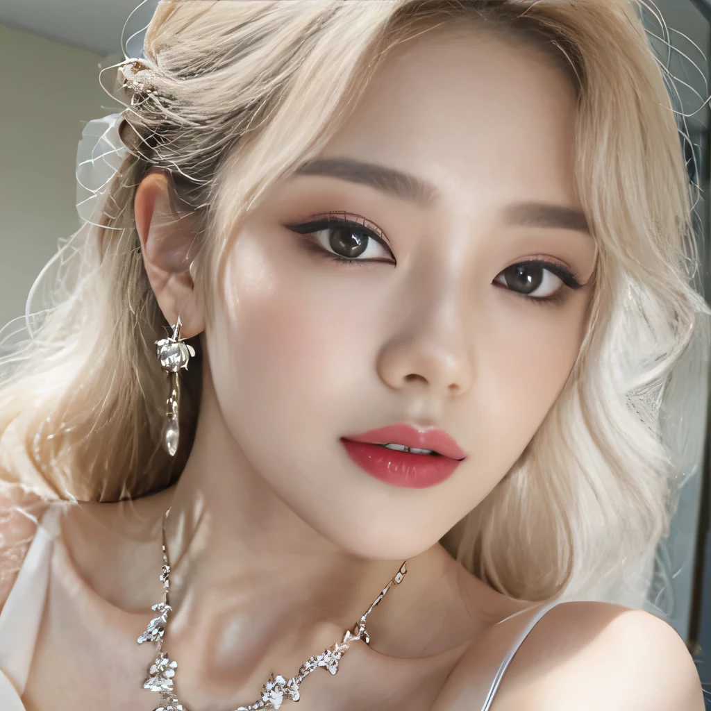 8k）、（best image quality:1.5）、gray background、close up of face、１girl、masterpiece、delicate and sharp eyes、brown eyes、eye power、delicate face、cup、attractive face、platinum blonde hair、Semi-long wave、Wedding dress、白いWedding dress、I can see the collarbone、gal、Emphasis on the clavicle、earrings、necklace、