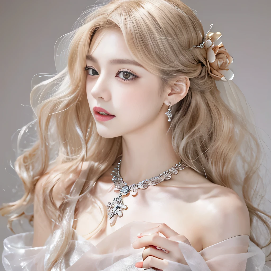 8k)、(best image quality:1.5)、gray background、close up of face、1girl、masterpiece、delicate and sharp eyes、brown eyes、eye power、delicate face、cup、attractive face、platinum blonde hair、Semi-long wave、Wedding dress、ピンクのWedding dress、I can see the collarbone、gal、Emphasis on the clavicle、earrings、necklace、
