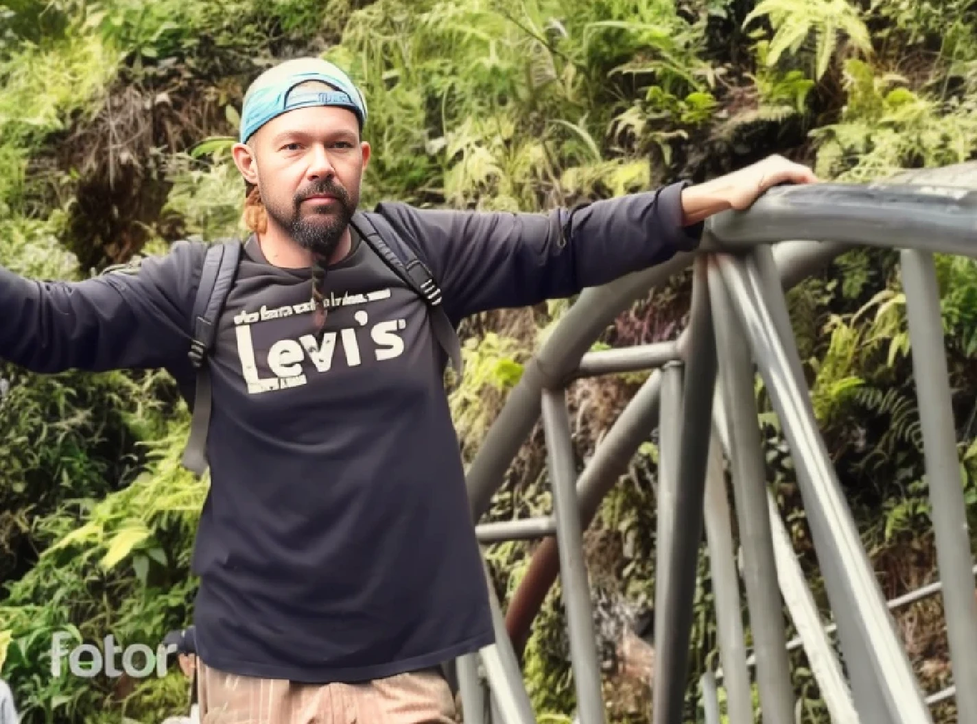 there is a man standing on a bridge with his arms outstretched, wearing adventuring gear, in front of a forest background,