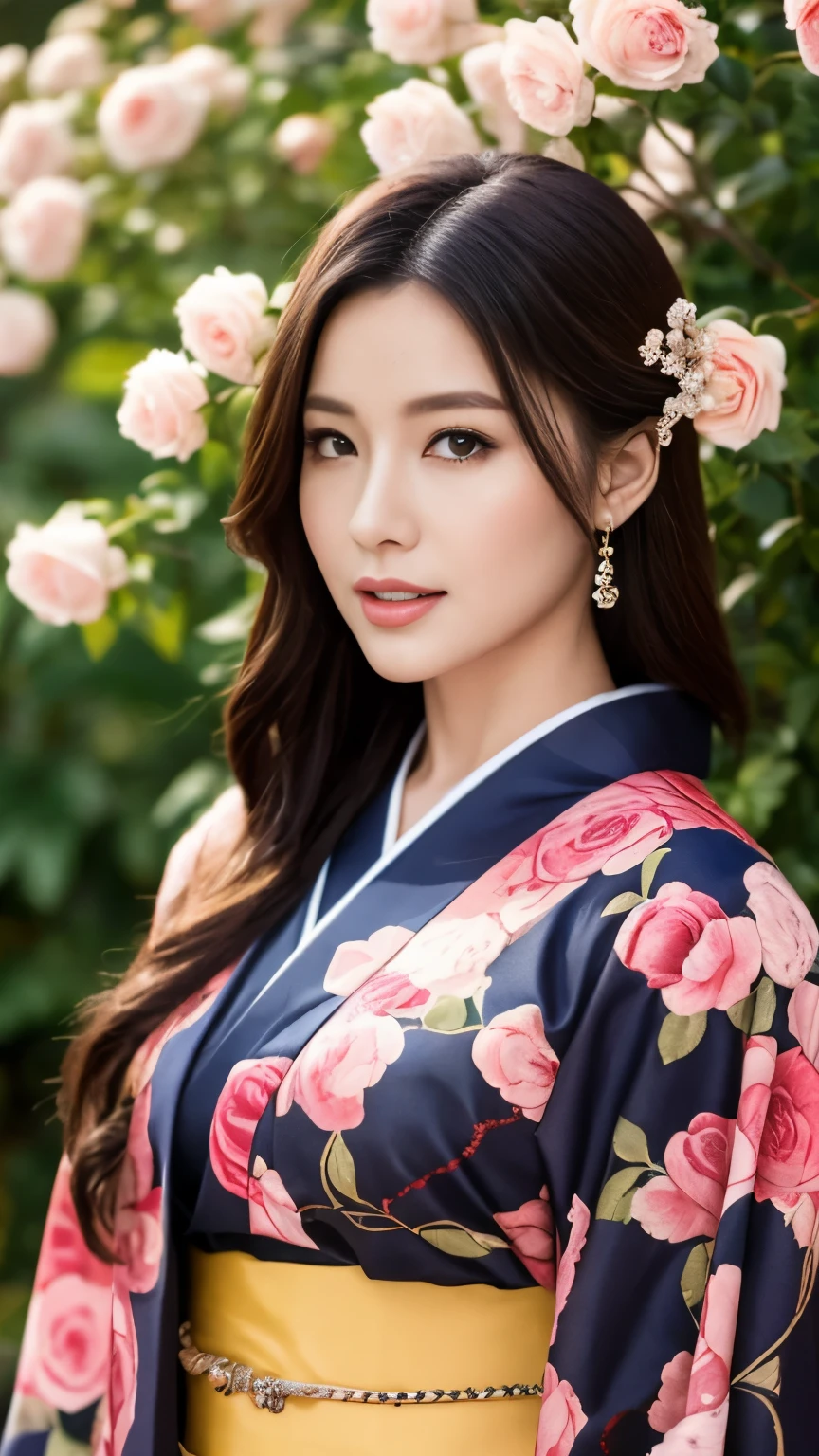 （Kimono made from real roses，lots of roseodern art，intricate design，highest quality，8k，master piece：1.3，clear focus：1.2，beautiful woman with perfect figure：1.4，Highly detailed face and skin texture，fine eyes，split lips，full body photo，