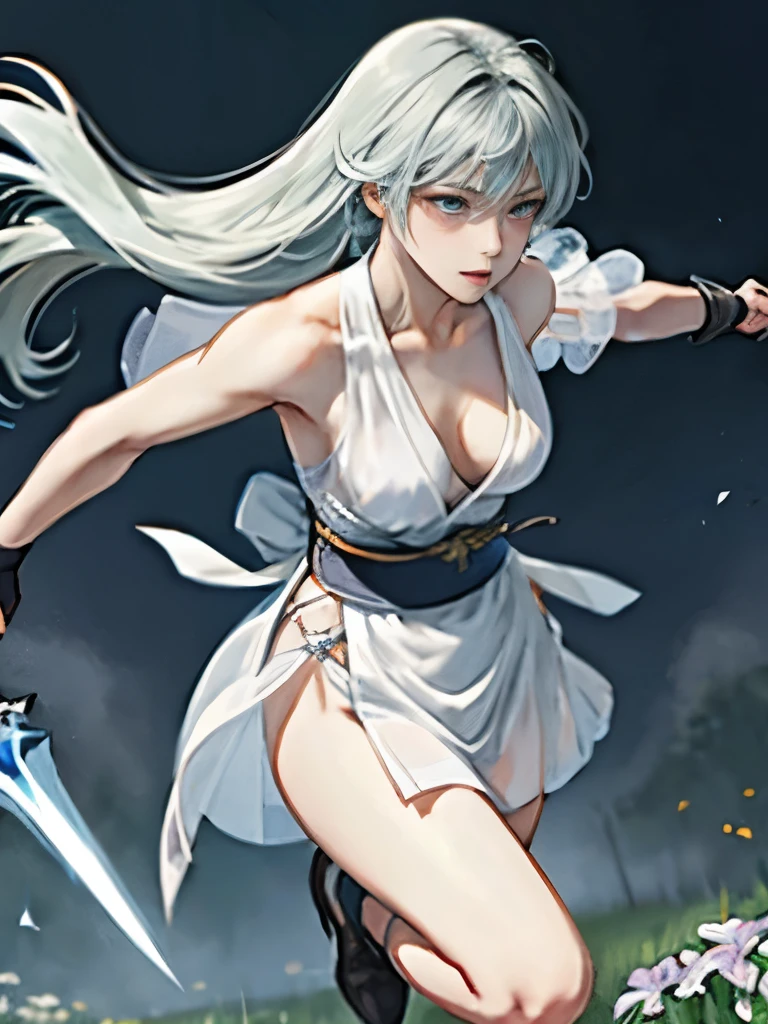 highest quality、Japanese、light blue long hair、not muscular、black and sharp、white see-through dress、slim body shape、small breasts、equipped with sword、Attack the enemy、dynamic movement、Meadow on a moonlit night、another world