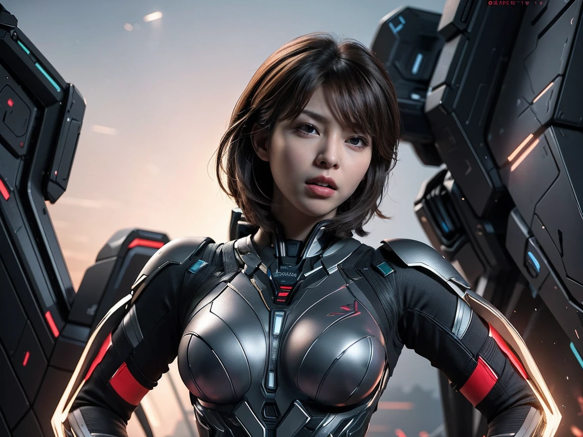 (RAW photo, highest quality), (realistic, Photoreal:1.3), 1 girl、realisticbody、goddess of the universe、battle dress、Holding a tin cane、emit a beam、spaceship、action pose