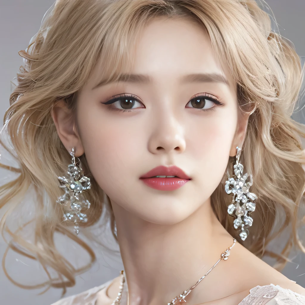 8k）、（best image quality:1.5）、gray background、close up of face、１girl、masterpiece、delicate and sharp eyes、brown eyes、eye power、delicate face、cup、attractive face、platinum blonde hair、Semi-long wave、Wedding dress、ピンクのWedding dress、I can see the collarbone、gal、Emphasis on the clavicle、earrings、necklace、