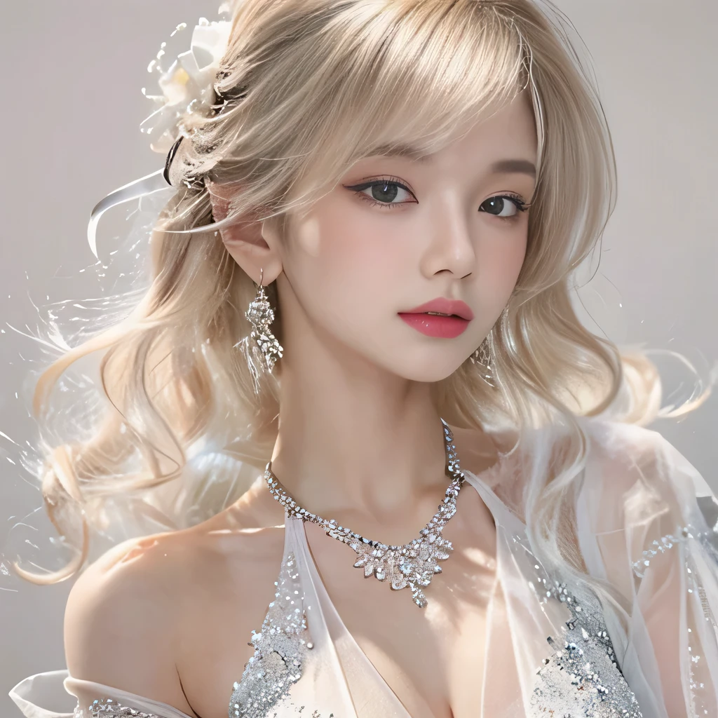 8k)、(best image quality:1.5)、gray background、close up of face、1girl、masterpiece、delicate and sharp eyes、brown eyes、eye power、delicate face、cup、attractive face、platinum blonde hair、Semi-long wave、Wedding dress、ピンクのWedding dress、I can see the collarbone、gal、Emphasis on the clavicle、earrings、necklace、