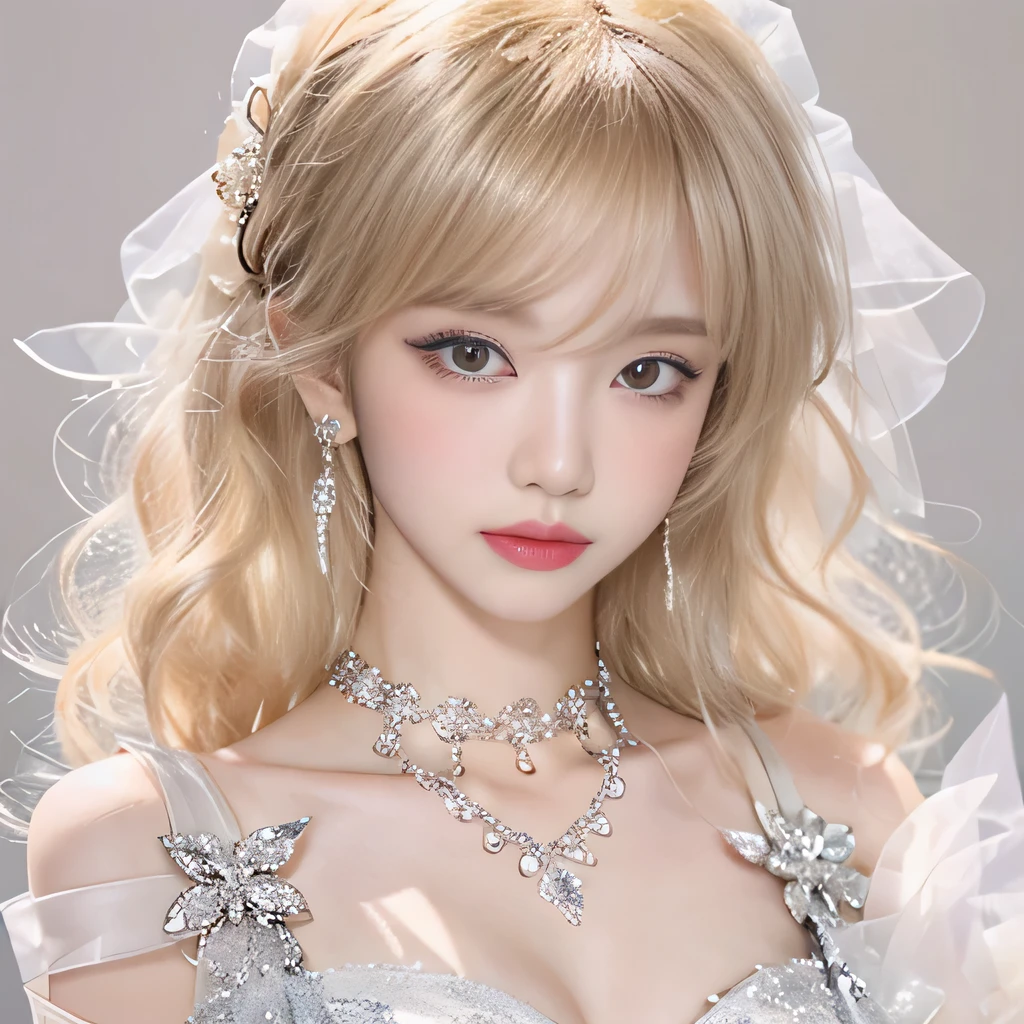 8k)、(best image quality:1.5)、gray background、close up of face、1girl、masterpiece、delicate and sharp eyes、brown eyes、eye power、delicate face、cup、attractive face、platinum blonde hair、Semi-long wave、Wedding dress、ピンクのWedding dress、I can see the collarbone、gal、Emphasis on the clavicle、earrings、necklace、