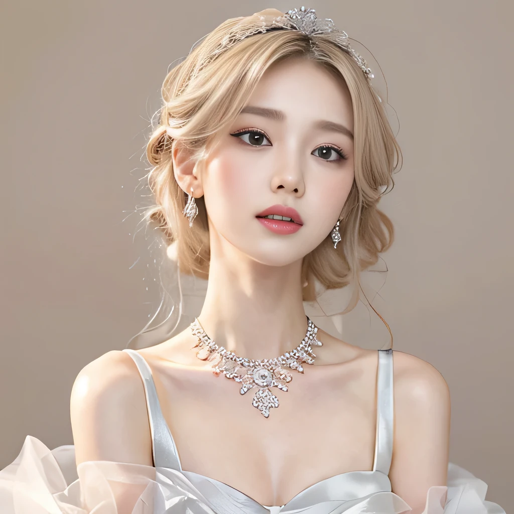 8k)、(best image quality:1.5)、gray background、close up of face、1girl、masterpiece、delicate and sharp eyes、brown eyes、eye power、delicate face、cup、attractive face、platinum blonde hair、Semi-long wave、Wedding dress、ピンクのWedding dress、I can see the collarbone、gal、Emphasis on the clavicle、earrings、necklace、