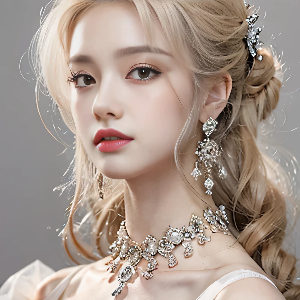 8k）、（best image quality:1.5）、gray background、close up of face、１girl、masterpiece、delicate and sharp eyes、brown eyes、eye power、delicate face、cup、attractive face、platinum blonde hair、Semi-long wave、Wedding dress、ピンクのWedding dress、I can see the collarbone、gal、Emphasis on the clavicle、earrings、necklace、