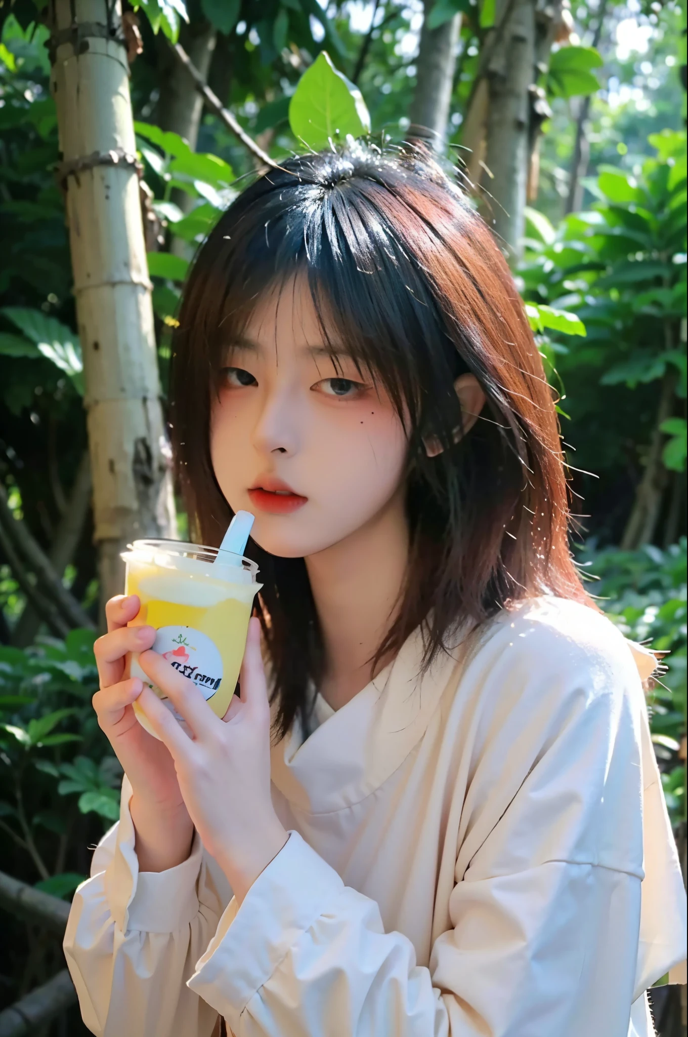 (8k, RAW photo:1.2)detailed face and eyes,最high quality, 超A high resolution, very detailed ,intricate details、bedroom、Javanese blouse、pretty girl , soft movie-like light, hyper detail,sharp focus, high quality, dripping from, green veil, shawl, in the forest, holding coconut, drink a coconut