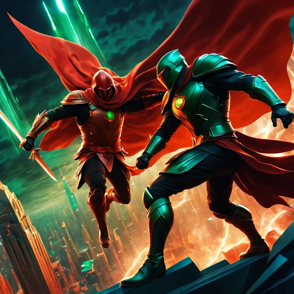 (best quality, highres, ultra sharp), Final Showdown between a heroic warrior and a heroic villain in a intense action, atmospheric perspective in a city inside a infinite battle,, epic action, dark tones of red, brown, orange, green and gray colors, art deco, 3d crunch,