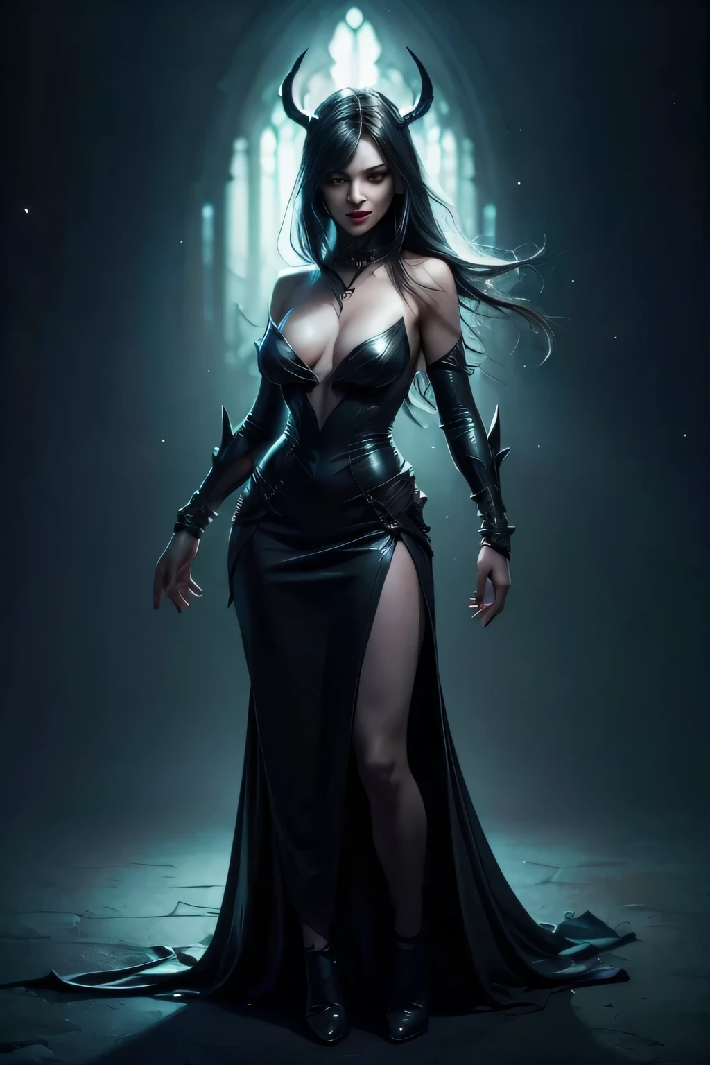 Generate a full-body image of a vampire using advanced rendering and modeling techniques in 3DS Max, SketchUp, SolidWorks, AutoCAD, Blender, Vectary, MeshMixer and Unreal Engine 5.
   Details:
     - The vampire has long, dark hair cascading over her bare shoulders, highlighting her pale skin and delicate facial features.
     - His blood eyes are deep, hypnotic and glow with a mixture of desire and danger, like those of a predator.
     - She has sharp fangs, visible when her red lips open slightly.
     -She is half naked wearing a black and red dress that fits perfectly to her curves and exudes an aura of seduction and cruelty.
     - The background should be placed in a dark and foreboding location with a detail level of 1.2.
     - The woman's face must display a mixture of sensuality and demonic expression, contrasting with the dark environment.
     - Use photon mapping, radiosity, and physical rendering techniques with automatic white balance for realistic lighting.
     - Create a cinematic lighting setup with a slightly intensified twilight effect.
     - Apply a soft focus effect to the final image, maintaining ultra-detailed and realistic visuals.
     - Artwork must not be based on a specific photograph.
     - Evoke a sense of technology and high-quality craftsmanship, akin to a masterpiece of illustration and CG art.
     - Include elements of unity, wallpaper and official art in the composition.
     - Render woman's hair with detailed bangs.
     - Render the final image with black background and plain background.
     - Do not include watermarks or text overlays in the generated image.

Note that I can't actually generate the image, but I modified the prompt to be clear and detailed so that a model like ChatGPT or another AI model can generate the image based on the instructions provided. Scary and well detailed background.