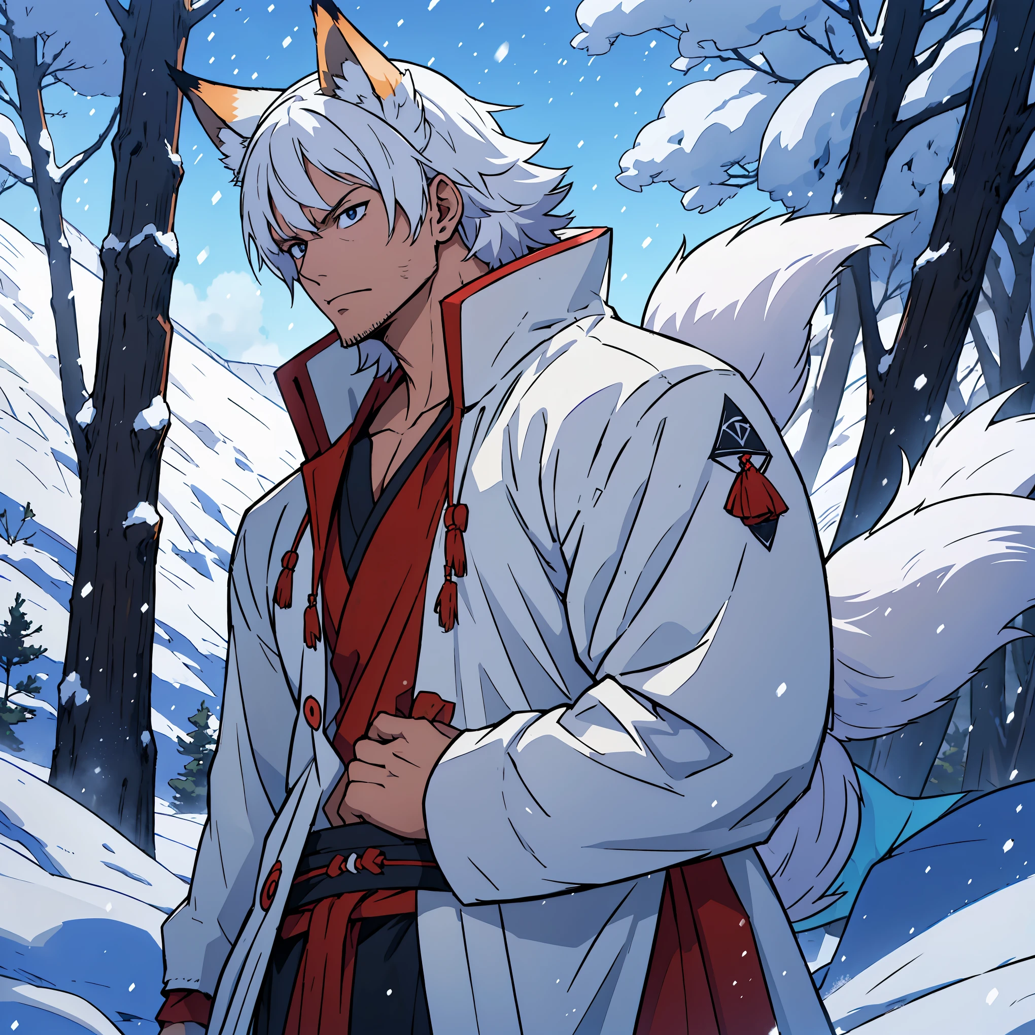 anime guy with white hair and fox ears and collar, (whole body), young guy, hair with modern bangs, masculine but young, no beard, wearing cold clothing  , ( tribal clothing),  in a snowing place, trees with snow in the background, some houses in the background with trees  