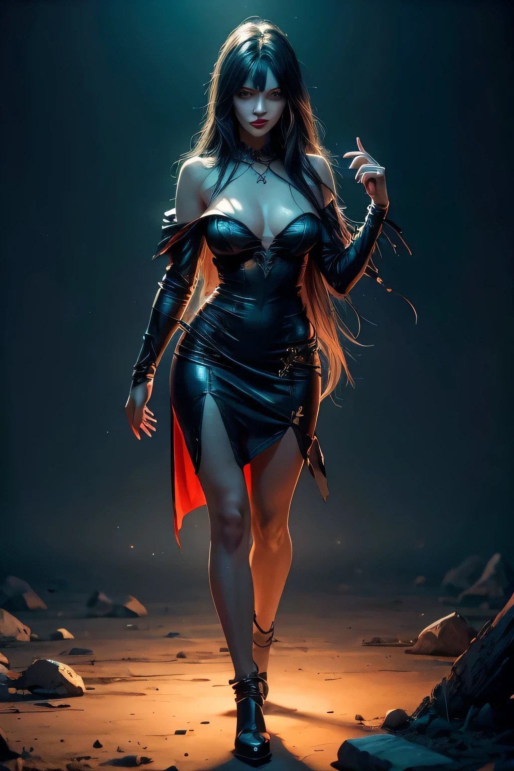 Generate a full-body image of a vampire using advanced rendering and modeling techniques in 3DS Max, SketchUp, SolidWorks, AutoCAD, Blender, Vectary, MeshMixer and Unreal Engine 5.
Details:
- The vampire has long, dark hair cascading over her bare shoulders, highlighting her pale skin and delicate facial features.
- His blood eyes are deep, hypnotic and glow with a mixture of and danger, like those of a predator.
- She has sharp fangs, visible when her red lips open slightly.
-She is half naked ng a black and red dress that fits perfectly to her curves and exudes an aura of seduction and cruelty.
- The background should be placed in a dark and foreboding location with a detail level of 1.2.
- The woman's face must display a mixture of sensuality and demonic expression, contrasting with the dark environment.
- Use photon mapping, radiosity, and physical rendering techniques with automatic white balance for realistic lighting.
- Create a cinematic lighting setup with a slightly intensified twilight effect.
- Apply a soft focus effect to the final image, maintaining ultra-detailed and realistic visuals.
- Artwork must not be based on a specific photograph.
- Evoke a sense of technology and high-quality craftsmanship, akin to a masterpiece of illustration and CG art.
- Include elements of unity, wallpaper and official art in the composition.
- Render woman's hair with detailed bangs.
- Render the final image with black background and plain background.
- Do not include watermarks or text overlays in the generated image.
Note that I can't actually generate the image, but I modified the prompt to be clear and detailed so that a model like ChatGPT or another AI el can generate the image based on the instructions provided. Scary and well detailed background.