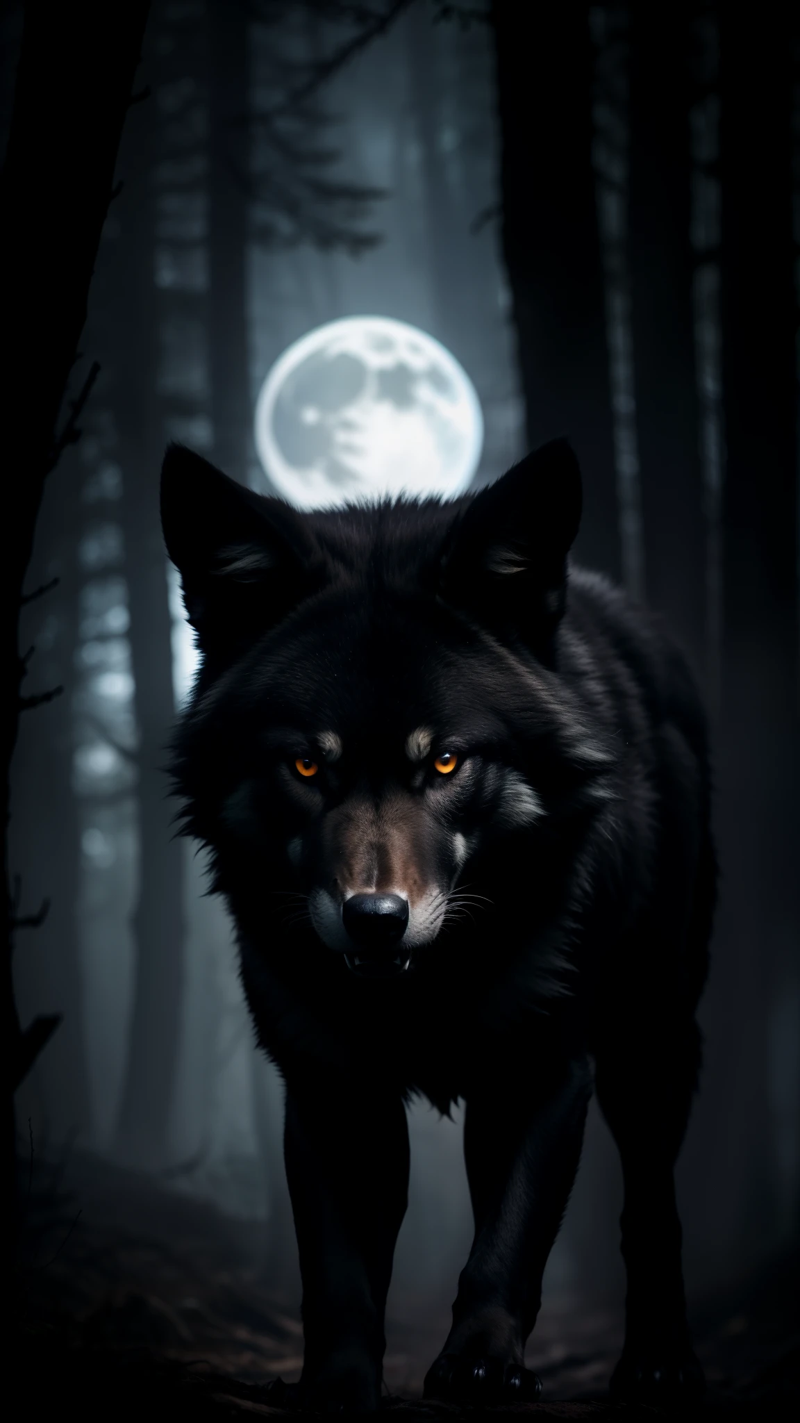 lobo preto, dark forest, glowing eyes, mysterious atmosphere, moonlight, black fur, fierce expression, intimidating presence, night hunting, stealthy movements, haunting howl, wild and untamed, powerful physique, midnight silhouette, ominous shadows, primal instinct, ancient legend, alpha predator, mesmerizing beauty, wolf pack dynamics, majestic wilderness