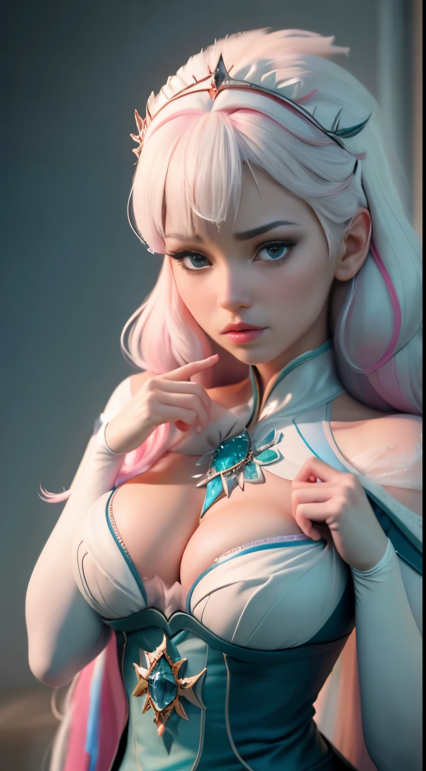 (Komi-san-Elsa frozen Disney mezclando modelos .) (ultra FUSION of white and pink hair) Highly detailed CG unity 8k wallpaper, style shot, complex, high detail, dramatic, highest quality movie still image, very detailed, masterpiece, best quality, character design, Elsa, Elsa from Frozen,Komi-san fusion (( Dark style)), realistic ultra-detailed rendering style, natural light, sharp character design, (hard focus, 8k), (((natural skin texture))), 8k textures, soft cinematic lighting, adobe lightroom, dark room, hdr, Sophisticated, Elegant, Rich Detail, Sharp Focuilm Look) )), Soothing Tones, Detail Frenzy, Intricate Detail, Super Detail, Low Contrast, Soft Film Lighting, Dull Colors, Exposure Blending, HDR, Fade, 35mm, f/1.4, ISO64, f16, 25 sec.