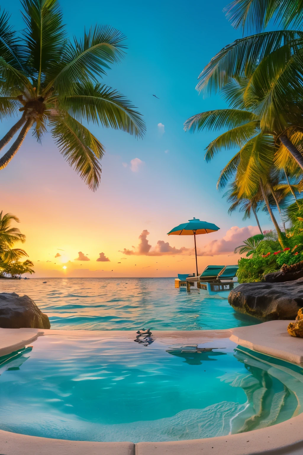 (best quality,4k,8k,highres,masterpiece:1.2),ultra-detailed,(realistic,photorealistic,photo-realistic:1.37),beach,relaxing beach umbrella,relaxing beach chairs,table,amateur radio,coconut cocktail,tropical paradise,verdant palm trees,warm breeze,enjoying the scenery,wave-crashing sounds,detailed sandy beach,crystal clear water,vibrant coral reefs,exotic plants and flowers,serene atmosphere,enchanting sunset,happy and playful atmosphere,lush greenery,tranquil crystal-clear lagoon,reflection of the sunset on the calm waves,peaceful and remote island getaway,feeling the warm sand between your toes,endless horizon of turquoise water,enjoying the tropical breeze. 