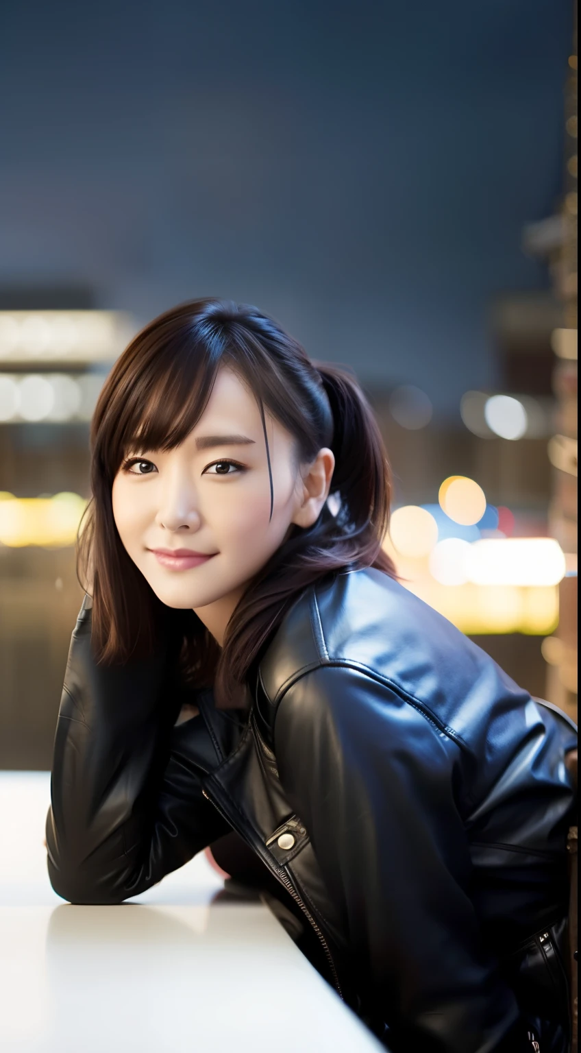 Full body realism, 22 year old girl, black hair, Ponytail on her head, Bangs falling on her face, beautiful hairstyle, light makeup, Wearing a tight leather jacket, tight leather pants, Long leather boots on her feet, Black leather gloves on her hands,Night cityscape in the background, High-definition appearance, High Detail Hairstyles, High-detail environment, Highly detailed background, In the background is a modern city, Photos taken with a photorealistic SLR camera, Resolution Full HD, 8k