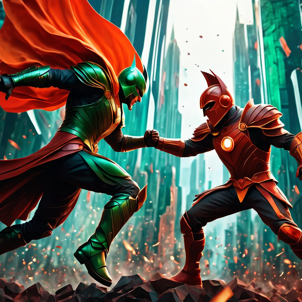 (best quality, highres, ultra sharp), Final Showdown between a heroic warrior and a heroic villain in a intense action, atmospheric perspective in a city inside a infinite battle,, epic action, dark tones of red, brown, orange, green and gray colors, art deco, 3d crunch,