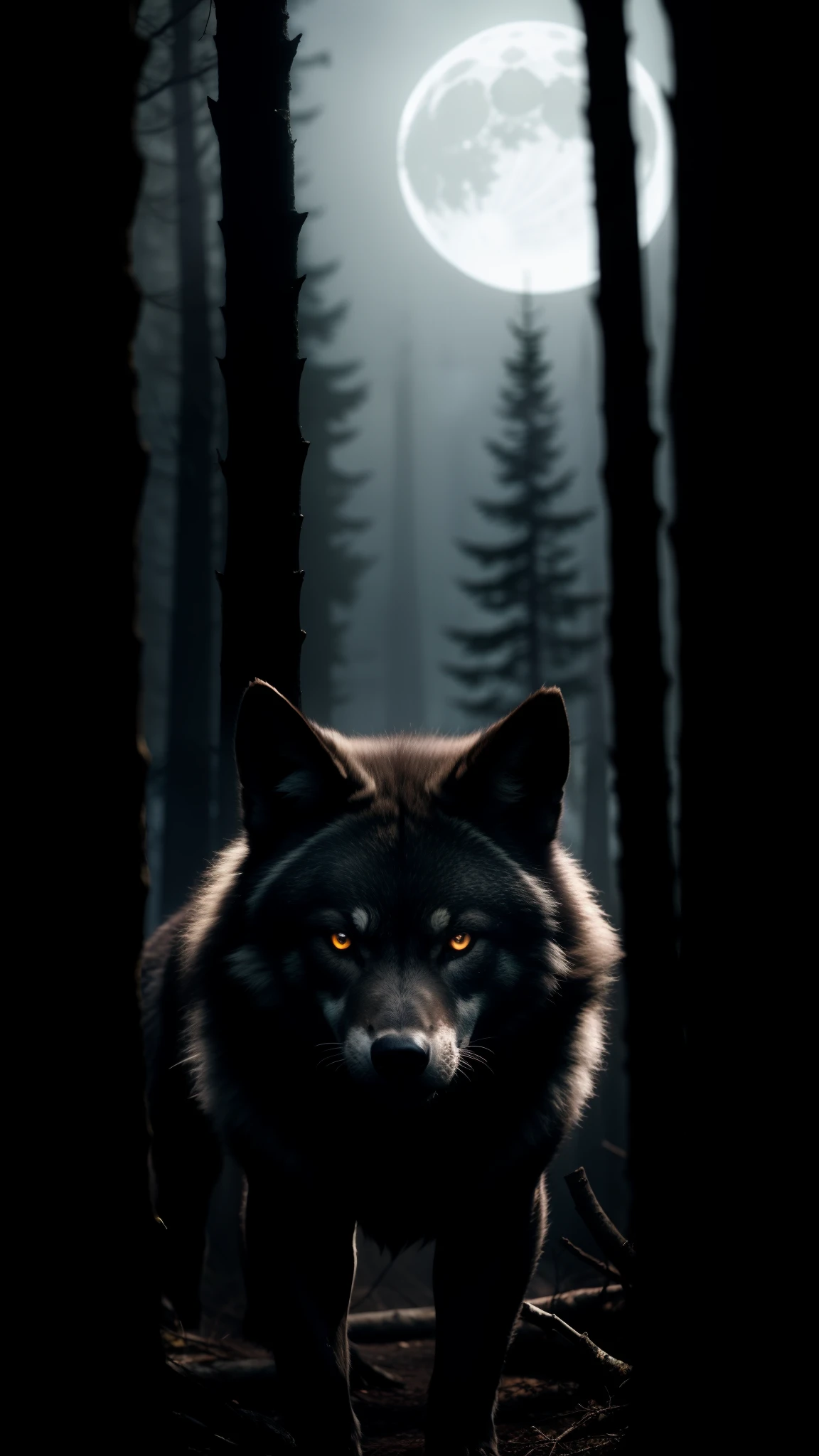 lobo preto, dark forest, glowing eyes, mysterious atmosphere, moonlight, black fur, fierce expression, intimidating presence, night hunting, stealthy movements, haunting howl, wild and untamed, powerful physique, midnight silhouette, ominous shadows, primal instinct, ancient legend, alpha predator, mesmerizing beauty, wolf pack dynamics, majestic wilderness