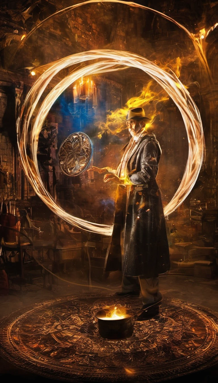 a magic circle create by magician, a very cute magician with the colourfull robe and clothes, the magician looking at viewer 