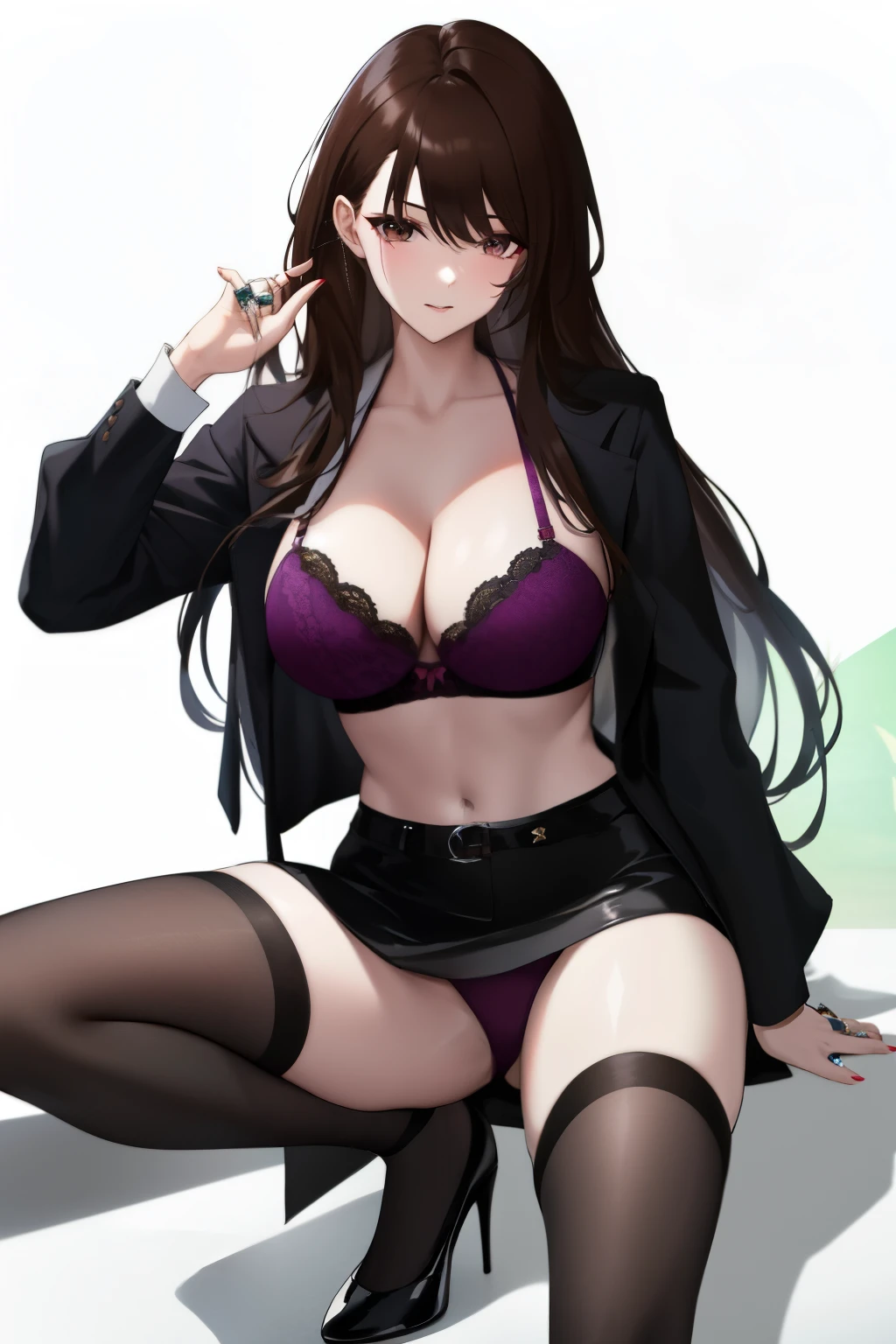 Hair: Black, Long, Parted in Middle, Sidehair, Spiky Bangs

Eyes: Brown

Body: Makeup, Pale, Young-adult

Clothes: Blouse, Bra, High Heels, Miniskirt, Panties, Ring.