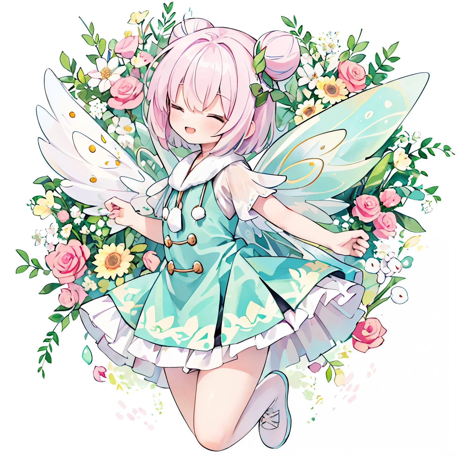 (PastelColors:1.3)、(Cute illustration:1.3)、(watercolor paiting:1.1)、Open your mouth, close your eyes and laugh、best quality、highest quality、holding a bouquet of flowers、((Fairy wings made of finely detailed and symmetrical lace shine beautifully.:1.8))、((spring flower circle background、Smiling fairy with big fairy wings in pastel colors jumping in front of a spring wreath))、floating in the air、((pink bun head:1.8))、long sneakers、From the side、white background、Thick wool gown:0.8