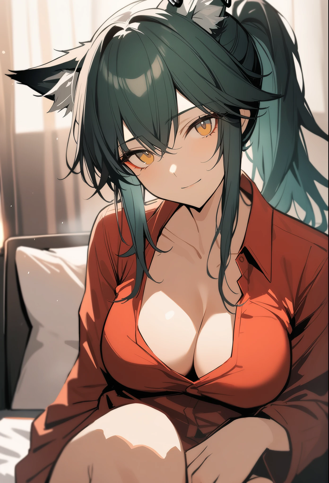 1girl, texas\(willpower)\(arknights), arknights, upper body, sitting, wolf ears, black hair, ponytail, yellow eyes, breasts, cleavage, looking at viewer, light smile, red shirt, open shirt, naked shirt, on bed, masterpiece, best quality