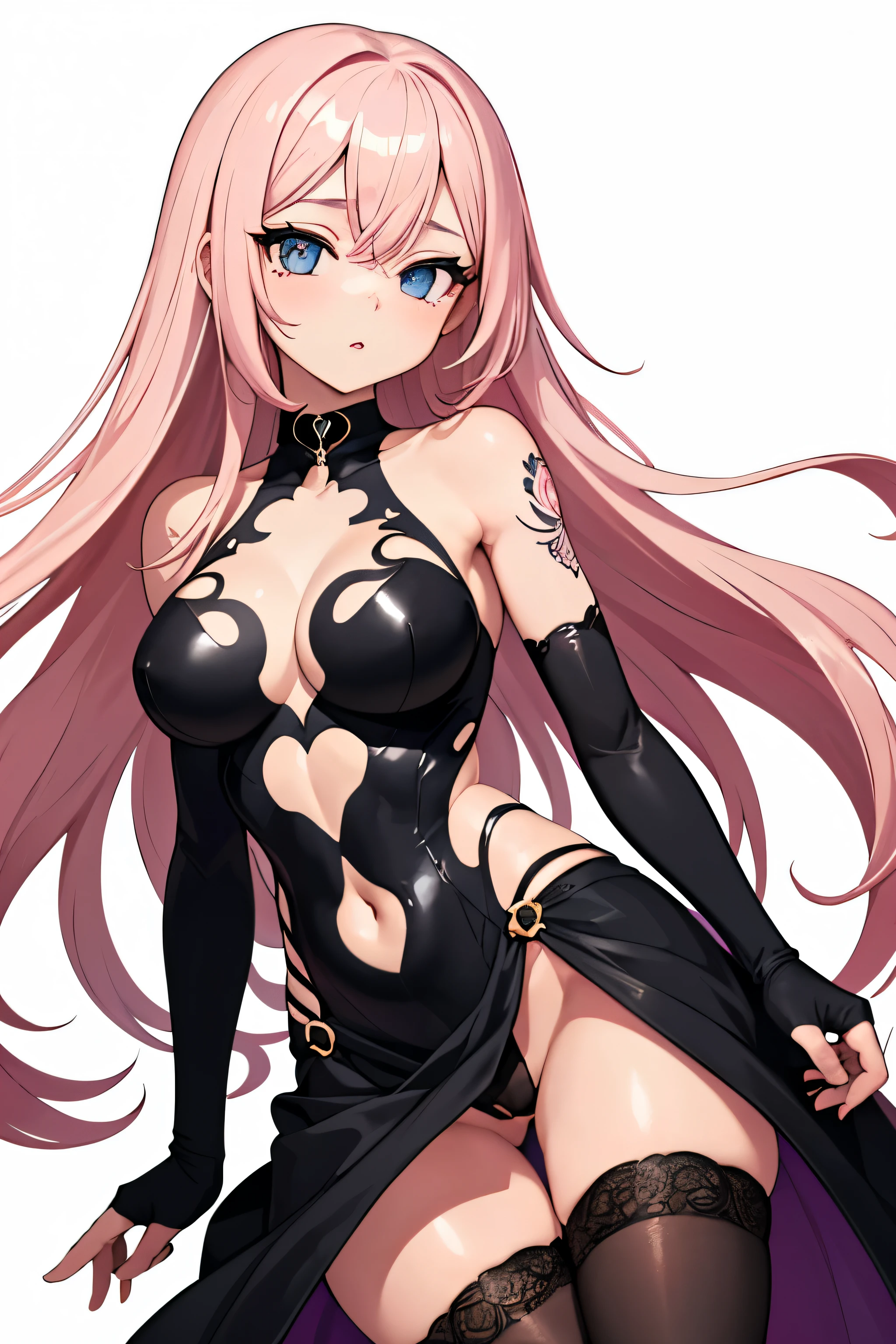 1girl, anime, cute girl, blank background, white background, fantasy, detailed fantasy dress with highlights, beautiful face, beautiful eyes, dark colors, pink hair with some streaks of blue strands, different color pupil in eye, medium small breasts (slightly big), slight cleavage, beautiful skin, cute, breast curtains, extremely delicate and beautiful, (beautiful detailed face:1.0), (detailed deep eyes), symmetrical breasts, deep eyes, shiny skin, portrait, slender waist, hips wider than shoulders, thighs, expressionless, young girl, luminous eyes, adorable,(Kpop idol),(aegyo sal:1),(Platinum blonde hair:1),((puffy eye)),Black panty,sexy posture,Superskirt, ultra high resolution,Black collar,slim figure, Abdominal y tattoo, womb tattoo,Tight-fitting leg ring,y tattoo on half-body,Bare skin, Armored hand,Hidden fingertips,Hand covered,Arm covered,Fist covered,{{beautiful detailed fingers}}, tufts of hair, moderate beautiful breast:1.0,