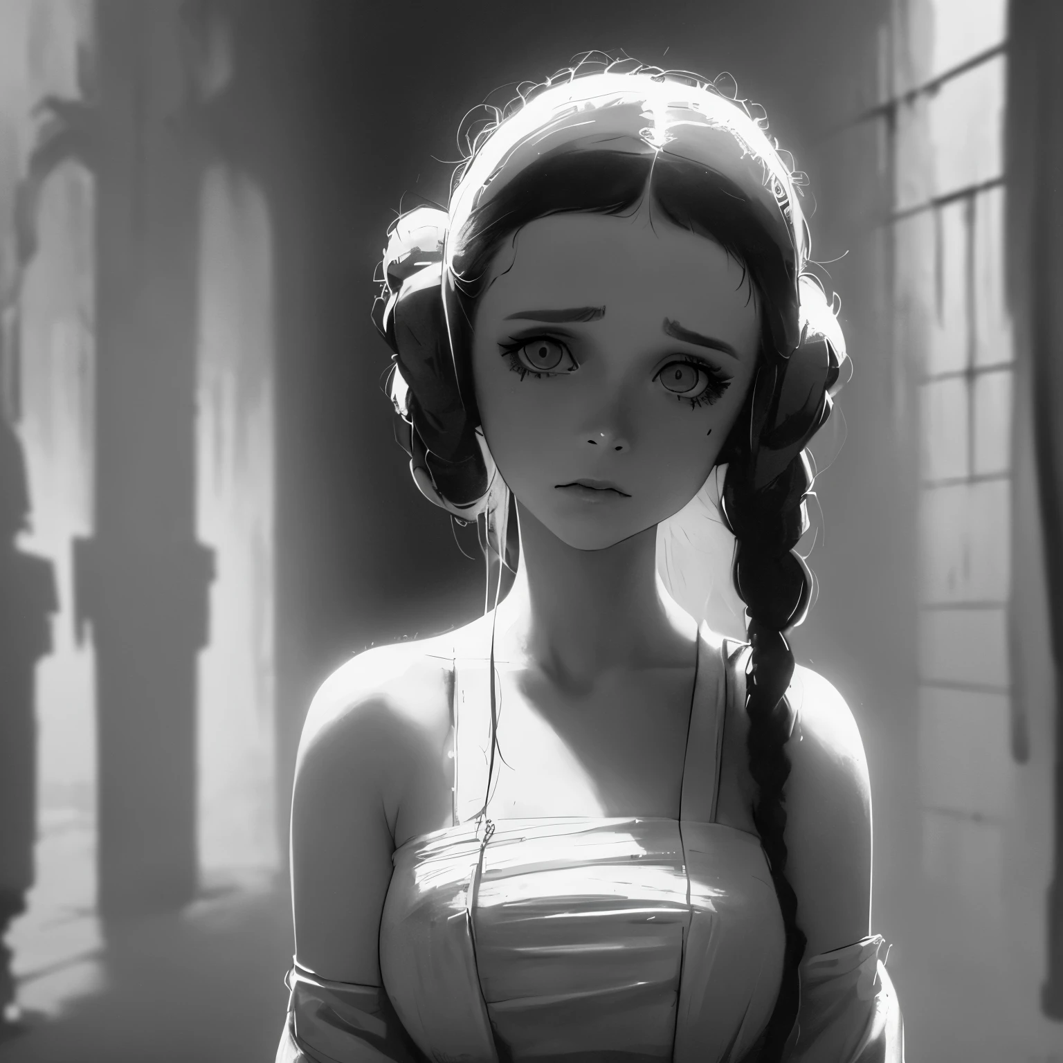 Princess Leia(age 20) in a white dress, prisoner, bleak torture chamber, scary torture droids, offering to please Darth Vader sexually, (best quality, ultra-detailed, realistic:1.37), professional, portraits, white dress, detailed face, long eyelashes, graceful posture, fearful expression, dimly lit room, metallic textures, cold and damp atmosphere, flickering lights, shadows, desolate surroundings, distressed walls, eerie atmosphere, minimalistic decor, haunting ambiance, tense emotions, dramatic composition, subdued color palette, menacing presence, Princess Leia's pleading eyes, solemn mood, intense atmosphere, anxious anticipation, hauntingly beautiful scene, foreboding aura