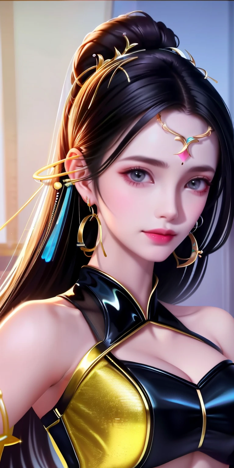 masterpiece, best quality, solo, 1girl, luminous skin, hoop earrings, glamorous, whimsical details, slicked hair, mesmerizing, bare shoulder, crop top, long pants, shallow depth of field, contrapposto, professional model, face front, portrait