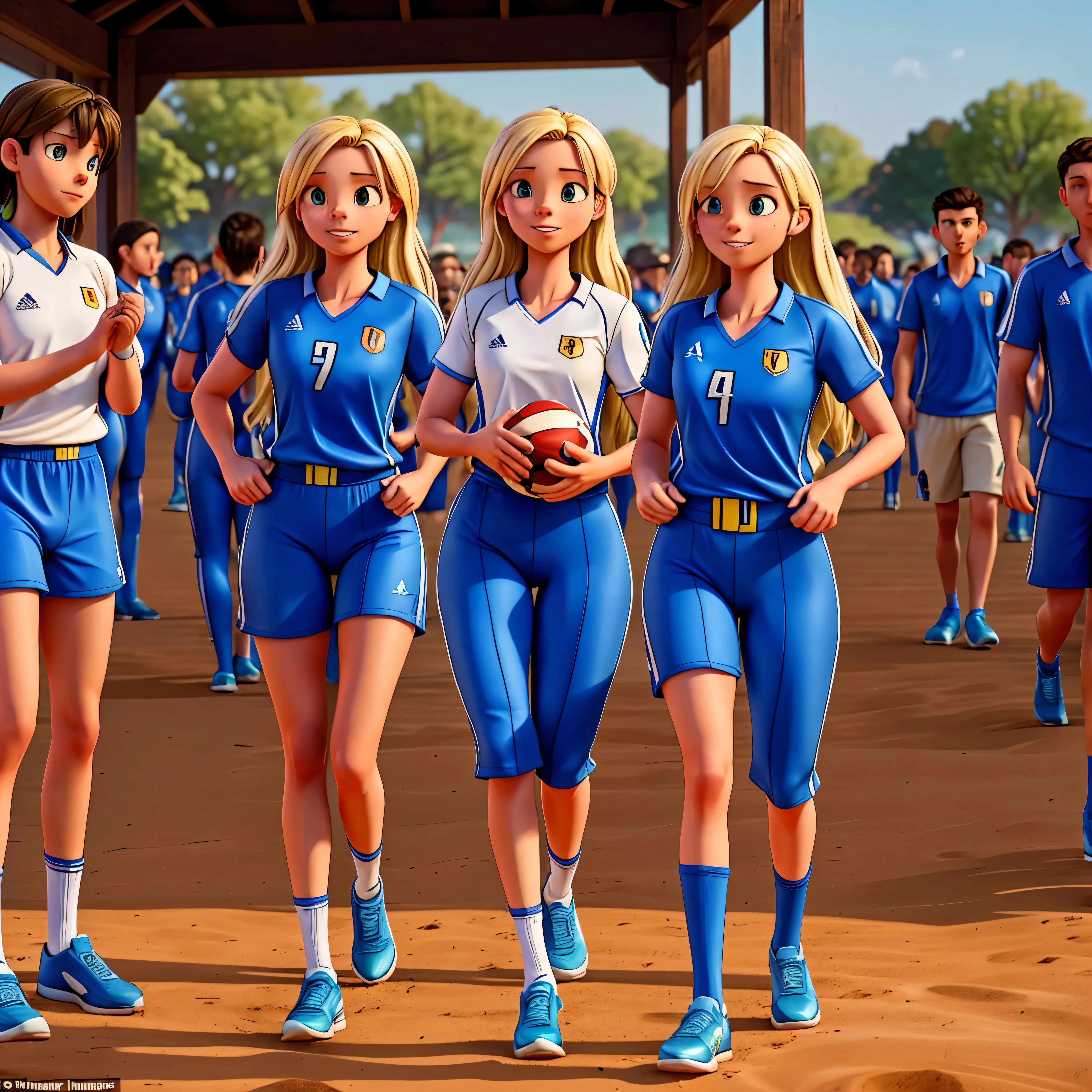 A Swedish women's volleyball Magic Circle team (blonde hair, blue eyes, smoking hot), with a secret agent male bodybuilder in an outfit matching the women, are visiting China. The scene unfolds with the Swedish women's volleyball team standing together on a vibrant volleyball court. The court is surrounded by a large crowd, cheering and clapping as the players prepare to showcase their skills. The team members, have flowing blonde hair and captivating blue eyes that enhance their stunning appearance. Their attractiveness adds to the excitement of the onlookers. Each member of the team exudes confidence and athleticism, with toned bodies reflecting their dedication to their sport. Their outfits are sleek and stylish, designed to emphasize their physical prowess. The female athletes radiate elegance and exhibit a strong bond as they stand side by side. Accompanying the Swedish women's volleyball team is a secret agent male bodybuilder. He blends seamlessly with the group, wearing an outfit that matches the women's attire. His muscular physique, honed from intense training, is a testament to his discipline and strength. The backdrop of the scene is beautifully set, with iconic landmarks visible in the distance. The team's presence in this captivating country symbolizes the global appeal of the sport and their ability to transcend borders. To capture the essence of this image, the prompt incorporates various elements related to image quality, artistic style, color tone, and lighting. It begins with a focus on achieving the best quality and high resolution, ensuring every detail is crisp and clear. Ultra-detailed descriptions bring out the intricacies of the characters' facial features and physiques. The prompt calls for a realistic and photorealistic rendering of the scene, emphasizing the desire for an authentic representation of the subject matter. To enhance the overall appeal suggests adding vibrant colors, reminiscent, --v6 --s1000 --c20 --q5 --choas100