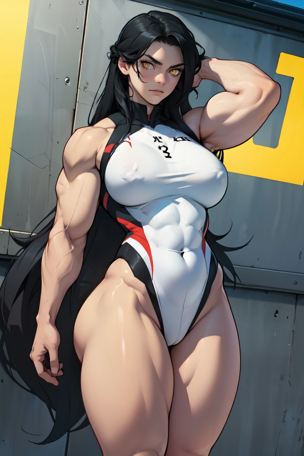 girl breasts huge muscles huge thighs solo girl black hair extremely long hair pale skin expressionless yellow eyes