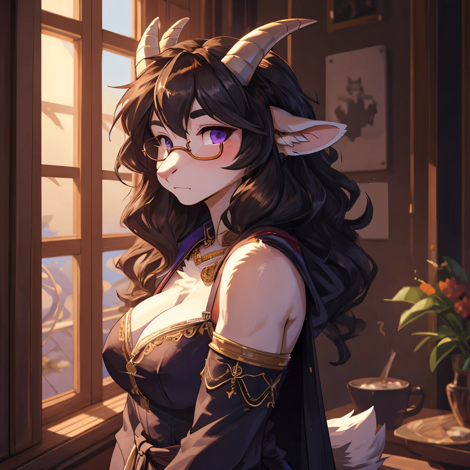 [by teranen], digital art, high quality, masterpiece, ((detailed face)), ((detailed fur:1)), depth of field, 1girl, (white fur), (female), (goat female anthro), anthro, purple eye, (curved horns), brown hair, (goat tail), short muzzle, ((goat)) (thick thighs, big hips, big breasts, perky_breasts, small waist,), glasses, ((blushing)), two-tone body, full body, looking at the viewer, long hair, curly hair, head horns, submissive, cute, (((face view))), (((portrait view))), (half shadow), [crepuscular ray], [detailed ambient light], [gray natural lighting], [ambient light], [explicit content], [sharp focus], (questionable content), (shaded), breedable, cute face, goat girl, suggestive, ((gypsy clothes)), ((cleavage window)), (((nsfw))), hunchback of notre dame,