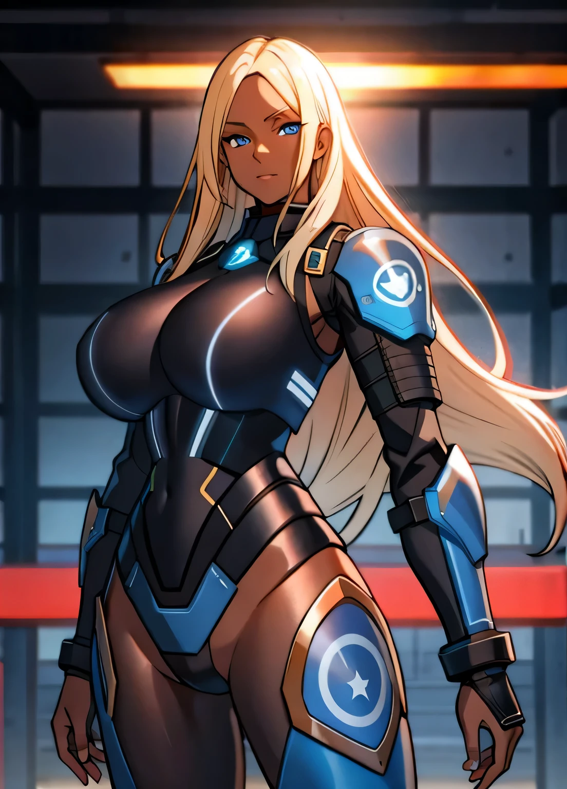 black sci-fi armor, long blonde hair, colored skin, brown skin, blue eyes, gigantic breasts, black pistol, solo, standing, upper body