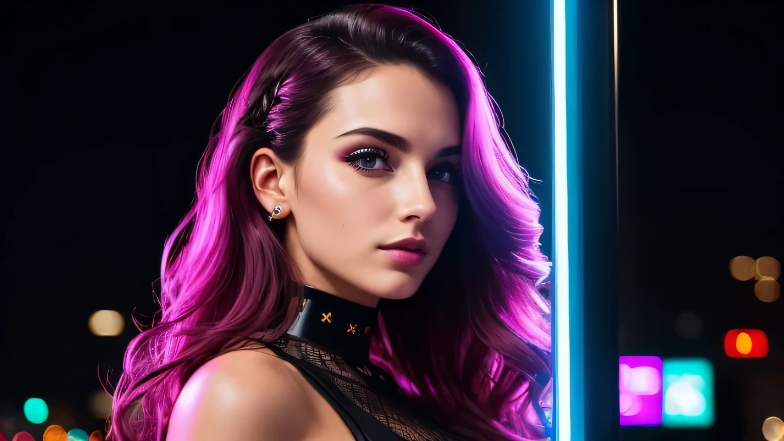 amoled ultra realistic photograph of a 25 years old european girl, RAW, beautiful woman, (extra long wavy black hair), ((portrait)), ((detailed face:1.2)), ((detailed facial features)), (finely detailed skin), pale skin, (high detailed deep cleavage cyberpunk steel dress), black background, (cold colors), damp, moist, reflectionasterpiece) (perfect proportion)(realistic photo),(best quality), (detailed), (strong amoled magenta and cyan neon lighting), (sharp focus) (intricate)