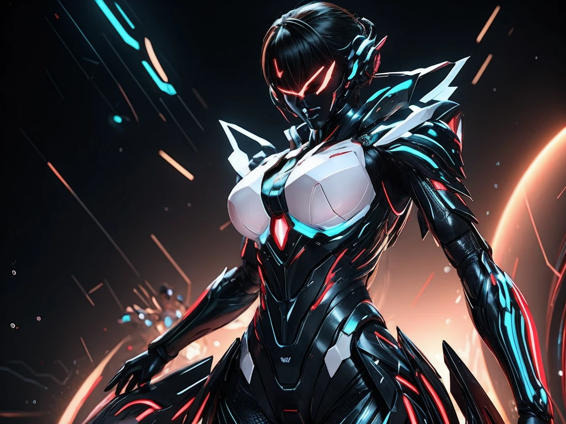 Distant Universe、hyper network、giant mother computer、fight against defense machines、shining mother computer scanner、woman in white battle dress、back view、Equipped with a laser on the back