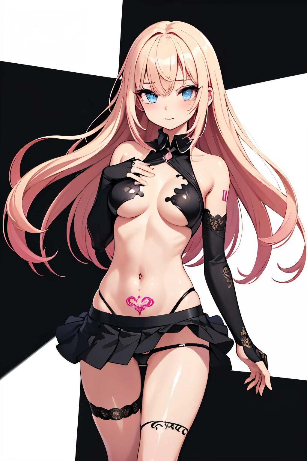 1girl, anime, cute girl, blank background, white background, fantasy, detailed fantasy dress with highlights, beautiful face, beautiful eyes, dark colors, pink hair with some streaks of blue strands, different color pupil in eye, medium small breasts (slightly big), slight cleavage, beautiful skin, cute, breast curtains, extremely delicate and beautiful, (beautiful detailed face:1.0), (detailed deep eyes), symmetrical breasts, deep eyes, shiny skin, portrait, slender waist, hips wider than shoulders, thighs, expressionless, young girl, luminous eyes, adorable,(Kpop idol),(aegyo sal:1),(Platinum blonde hair:1),((puffy eye)),Black panty,sexy posture,Superskirt, ultra high resolution,Black collar,slim figure, Abdominal y tattoo, womb tattoo,Tight-fitting leg ring,y tattoo on half-body,Bare skin, Armored hand,Hidden fingertips,Hand covered,Arm covered,Fist covered,{{beautiful detailed fingers}}, tufts of hair, moderate beautiful breast:1.0,