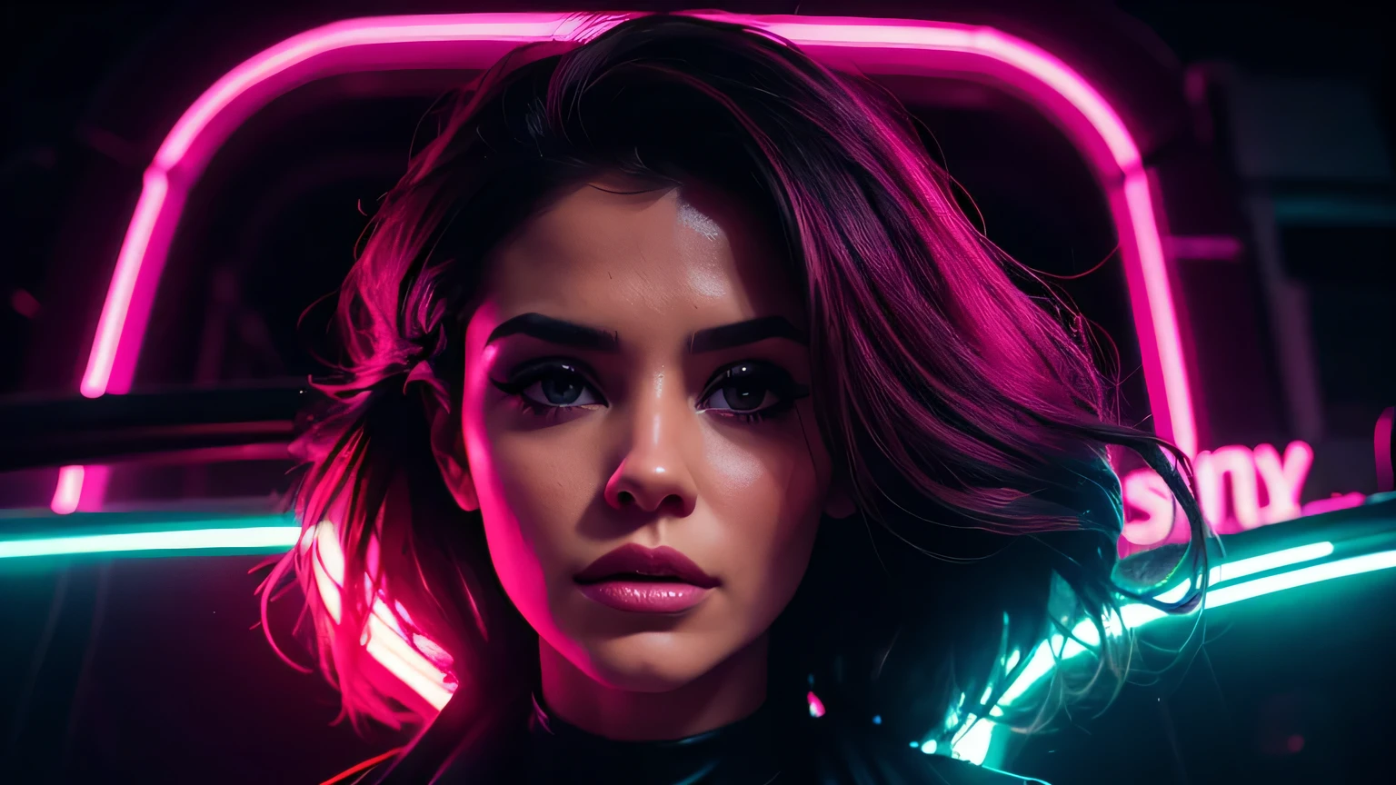 fashion portrait color photograph, woman, neon lights