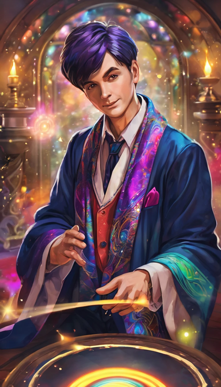 a magic circle create by magician, a very cute magician with the colourfull robe and clothes, the magician looking at viewer